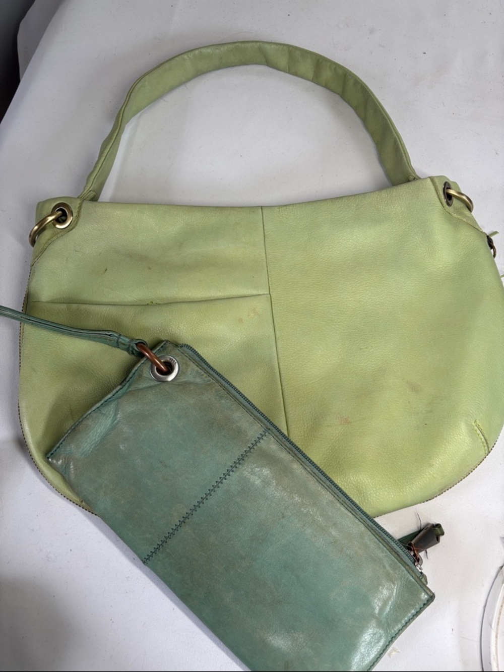 HOBO Lot Spring Green Leather Shoulder Bag with Teal Wristlet